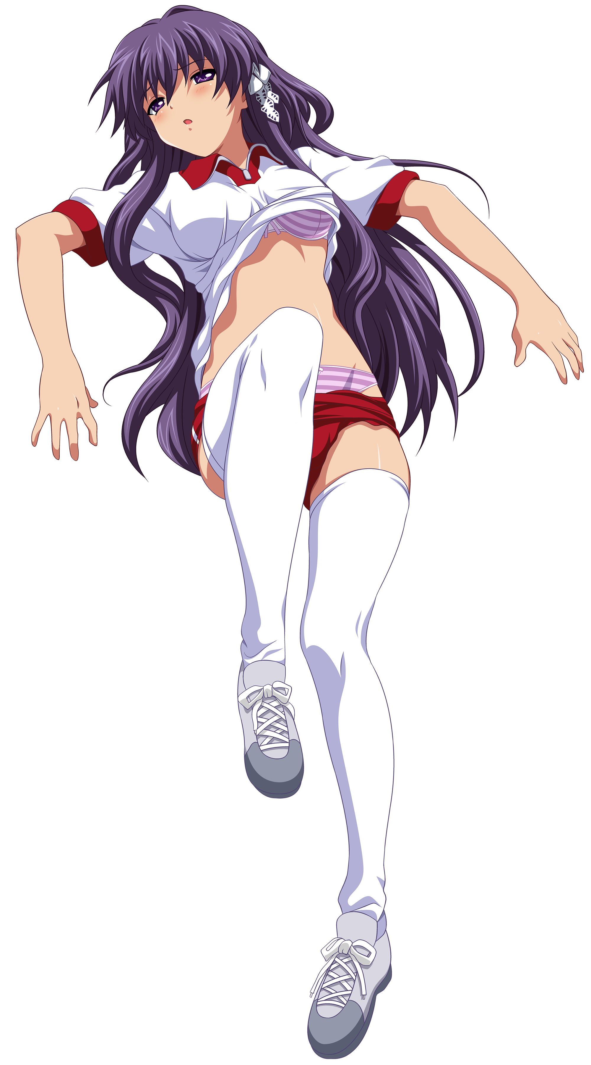 kaede (pixiv418056), fujibayashi kyou, clannad, absurdres, derivative work, highres, non-web source, vector trace, 00s, 1girl, blush, bra, buruma, clothes lift, female focus, full body, gym uniform, lingerie, lying, open mouth, panties, purple eyes, purple hair, shirt lift, solo, striped clothes, striped panties, thighhighs, transparent background, underwear, white thighhighs