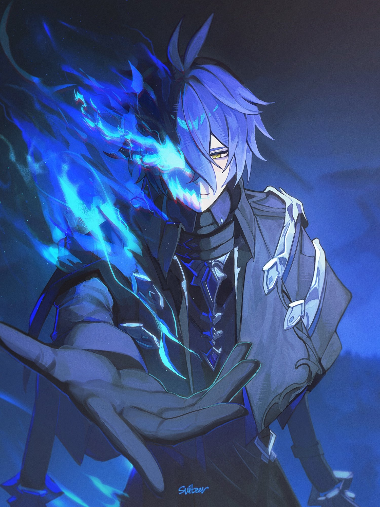 moonya, flins (genshin impact), genshin impact, commentary, english commentary, highres, 1boy, antenna hair, black gloves, black jacket, blue fire, blue hair, closed mouth, collar, collared jacket, cowboy shot, fire, flaming eye, gloves, hair between eyes, high collar, jacket, long sleeves, looking at viewer, male focus, no pupils, outstretched arm, outstretched hand, reaching, reaching towards viewer, solo, standing, yellow eyes