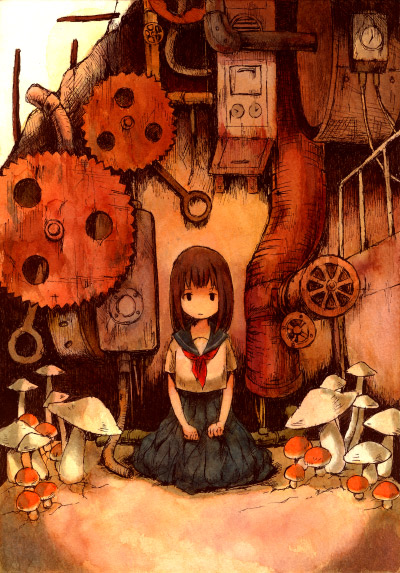 1girl, brown hair, female focus, gears, machine, mushroom, school uniform, serafuku, sitting, solo
