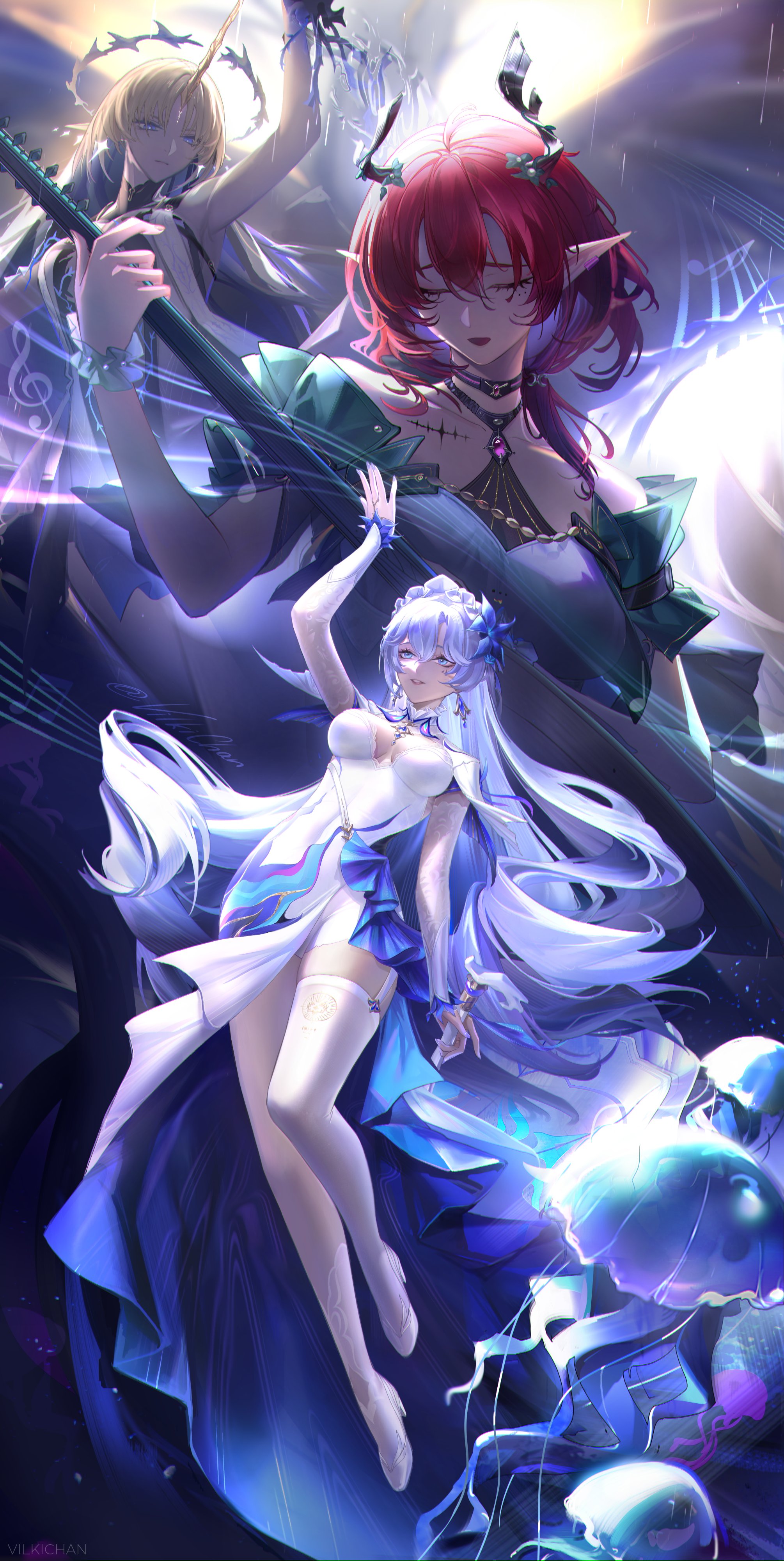 vilkichan, cantarella (wuthering waves), ciaccona (wuthering waves), fleurdelys (wuthering waves), wuthering waves, absurdres, commentary, english commentary, highres, 3girls, arm up, bare shoulders, blue eyes, blue flower, breasts, closed eyes, crown of thorns, dress, flower, hair between eyes, hair flower, hair ornament, headdress, high heels, horns, jellyfish, legwear cutout, long hair, long horns, medium breasts, multiple girls, pointy ears, purple hair, shoes, single horn, single thighhigh, tacet mark (wuthering waves), thighhighs, tree horns, very long hair, white dress, white shoes, white thighhighs, yellow horns