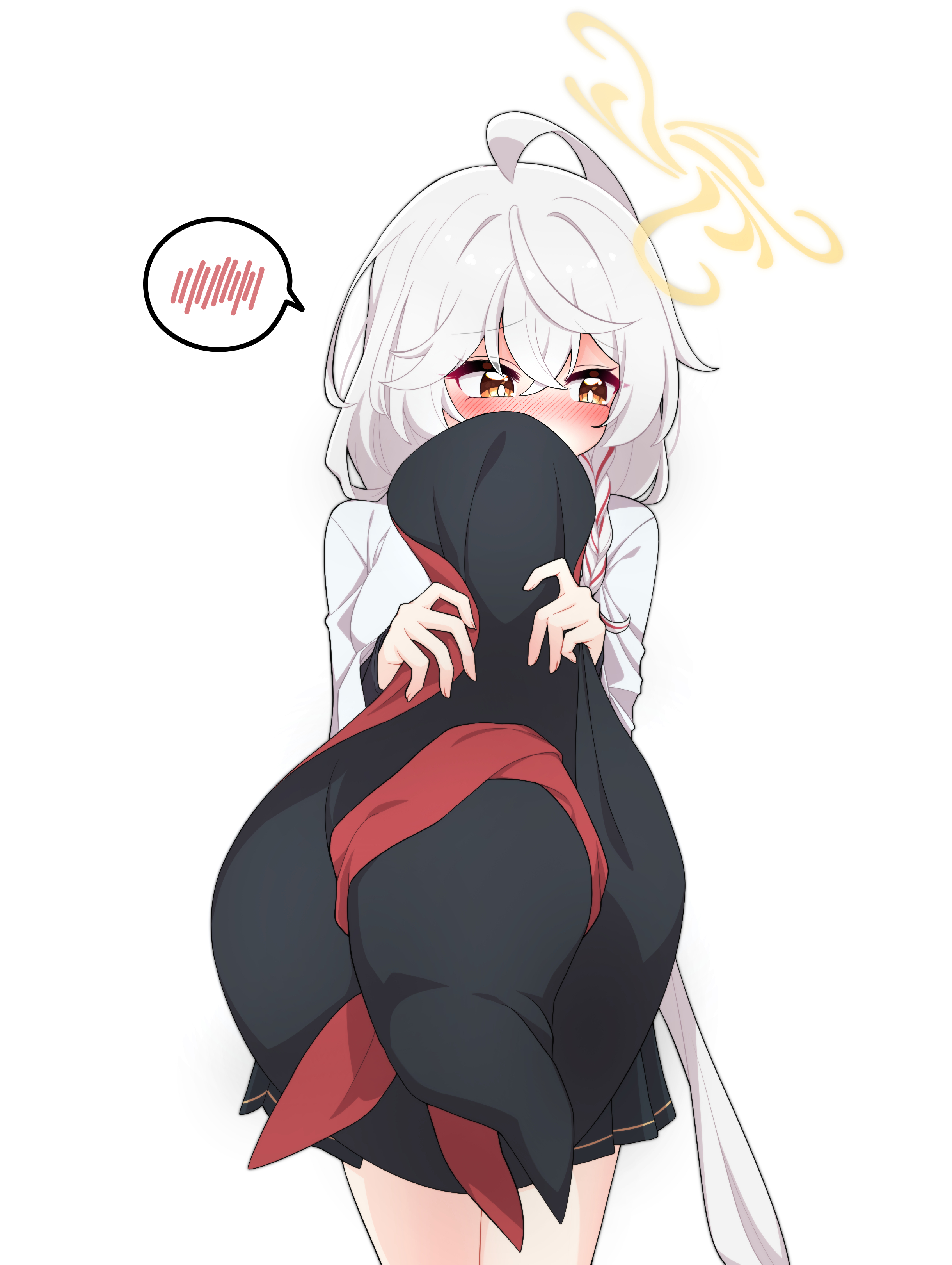 densaneraa, eri (blue archive), blue archive, absurdres, highres, 1girl, ahoge, black hat, blush, braid, hat, long hair, shirt, solo, white hair, white shirt, witch hat, yellow eyes