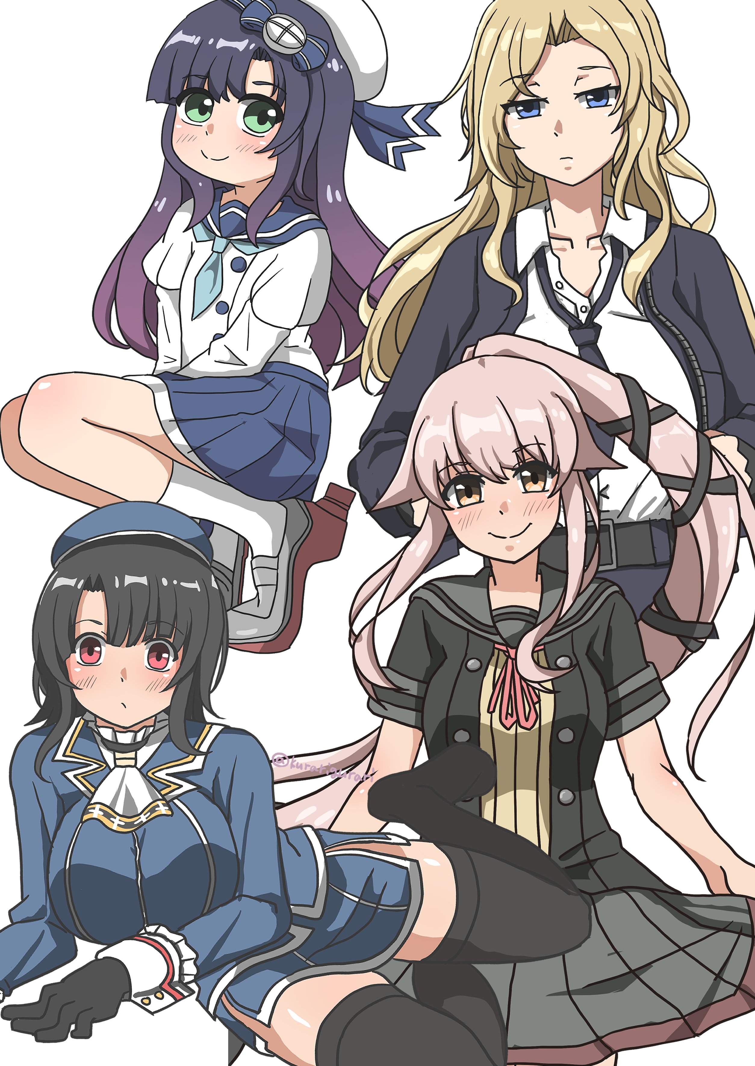 sosorin, hornet (kancolle), matsuwa (kancolle), takao (kancolle), yura (kancolle), yura kai ni (kancolle), kantai collection, absurdres, highres, 4girls, belt, beret, black belt, black gloves, black hair, black jacket, black necktie, black skirt, black thighhighs, blonde hair, blue eyes, blue hat, blue jacket, blue neckerchief, blue skirt, blush, breasts, freckles, garter straps, gloves, gradient hair, green eyes, grey eyes, grey sailor collar, grey skirt, hair flaps, hair ribbon, hat, jacket, large breasts, long hair, long sleeves, looking at viewer, lying, military uniform, multicolored hair, multiple girls, neck ribbon, neckerchief, necktie, pantyhose, pencil skirt, pink hair, pleated skirt, ponytail, purple hair, red eyes, red ribbon, ribbon, sailor collar, sailor hat, school uniform, serafuku, shirt, short hair, short sleeves, skirt, sleeveless, sleeveless shirt, smile, solo, thighhighs, very long hair, white background, white gloves, white hat, white shirt