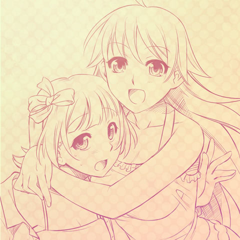 redrop, lowres, 2girls, hug, long hair, monochrome, multiple girls, polka dot, polka dot background, ribbon, short hair, yellow theme