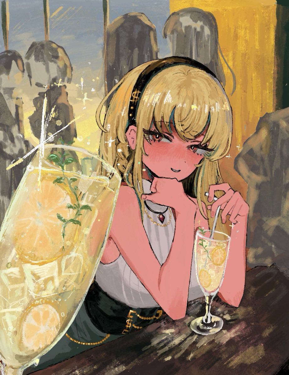 moosu, shirokane aki, denonbu, 1girl, bar (place), bar counter, bare shoulders, black corset, black hairband, blonde hair, blush, braid, building, chain, chain necklace, city lights, cocktail, cocktail glass, corset, crossed bangs, cup, dollar sign, drink, drinking glass, drinking straw, drunk, evening, food, fruit, gem, glass, gold chain, gold necklace, hairband, hand on own chin, headband, holding, holding cup, ice, jewelry, lemon, looking at viewer, multiple girls, necklace, pencil skirt, pov, red eyes, shoulder blush, side braid, sidelocks, single braid, sitting, skirt, skyline, skyscraper, sleeveless, sleeveless turtleneck, sparkle, turtleneck