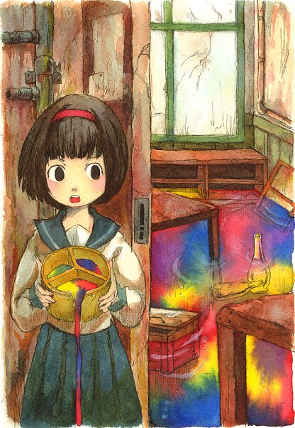 tagme, brown hair, paint, rainbow, school uniform, serafuku, short hair, solo