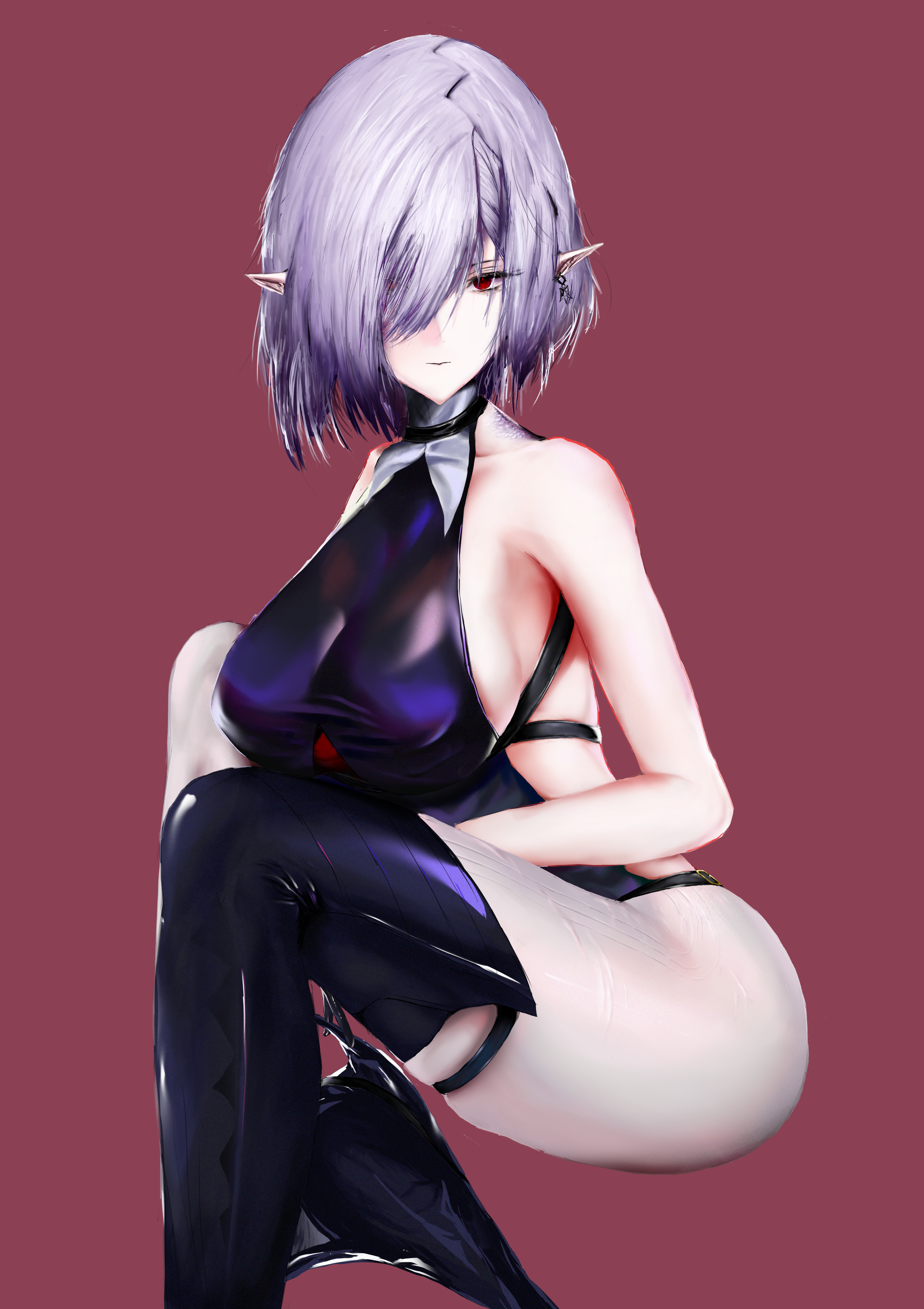 xuanren69, gladiia (arknights), arknights, absurdres, highres, 1girl, bare shoulders, boots, breasts, closed mouth, earrings, feet out of frame, grey hair, hair between eyes, hair over one eye, hat, jewelry, large breasts, leggings, leotard, looking at viewer, medium hair, pants, pointy ears, purple leotard, red background, red eyes, sideboob, simple background, sitting, solo, thigh boots, thighs, tight clothes, tight pants, unworn hat, unworn headwear, white pants