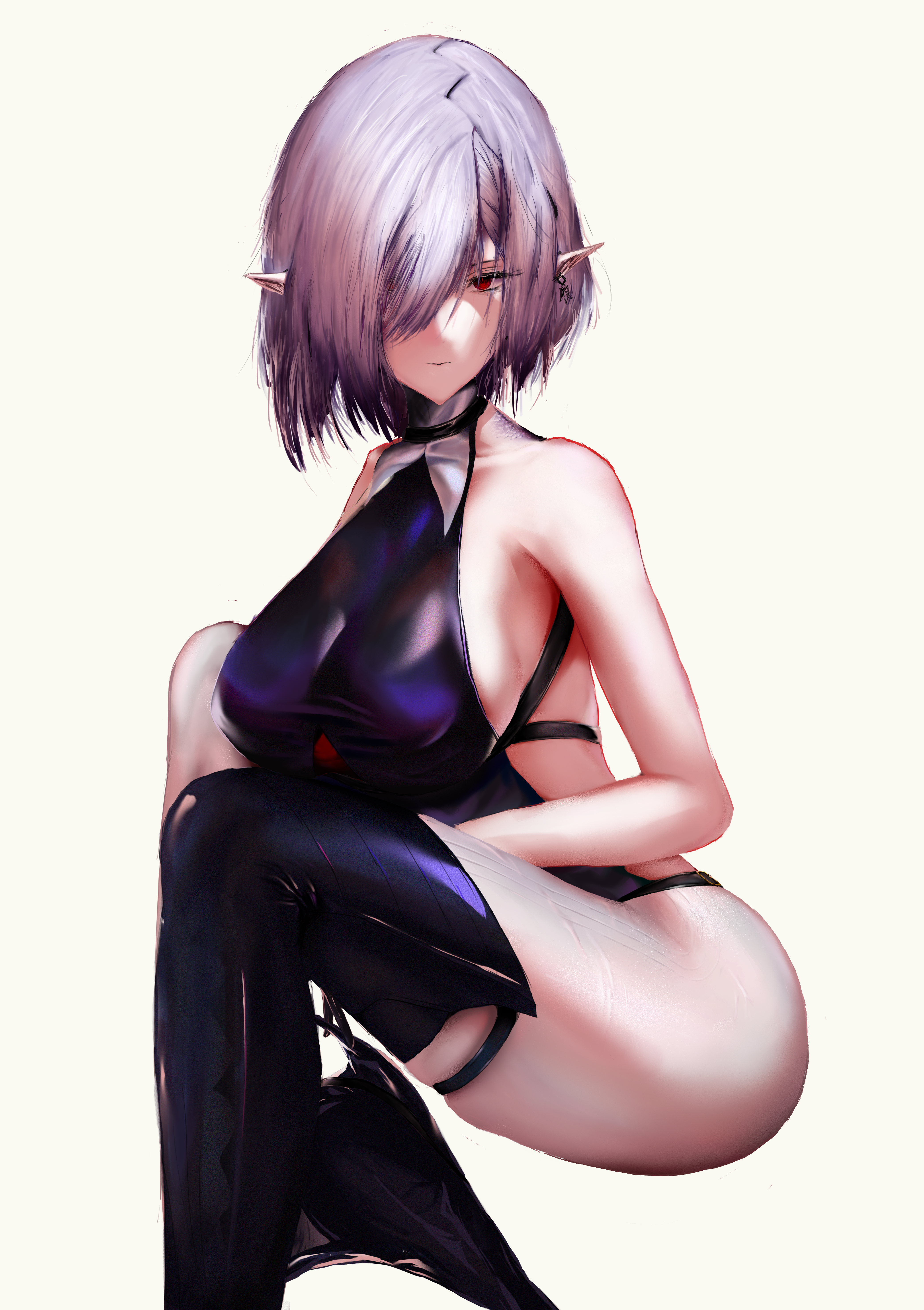 xuanren69, gladiia (arknights), arknights, absurdres, highres, 1girl, bare shoulders, boots, breasts, closed mouth, earrings, feet out of frame, grey hair, hair between eyes, hair over one eye, hat, jewelry, large breasts, leggings, leotard, looking at viewer, medium hair, pants, pointy ears, purple leotard, red eyes, sideboob, simple background, sitting, solo, thigh boots, thighs, tight clothes, tight pants, unworn hat, unworn headwear, white background, white pants