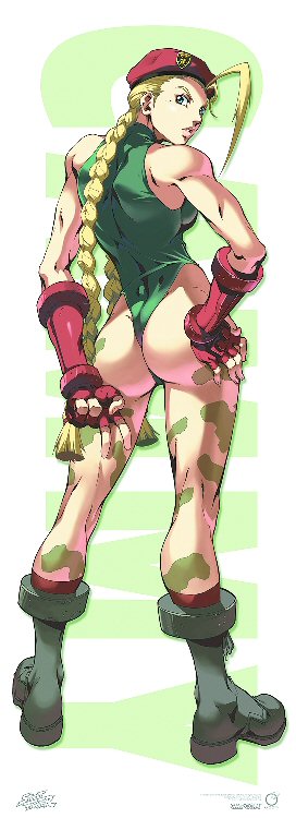 alvin lee, udon entertainment, cammy white, capcom, street fighter, platform footwear, long image, tall image, 1girl, antenna hair, ass, back, bare shoulders, beret, blonde hair, blue eyes, bodypaint, boots, braid, camouflage, character name, copyright name, female focus, fingerless gloves, from behind, gauntlets, gloves, hair over shoulder, halterneck, hand on own ass, hat, high heels, highleg, highleg leotard, kneepits, leotard, lips, long hair, looking at viewer, looking back, low-tied long hair, military, military uniform, parted lips, scrunchie, shoes, skin tight, solo, standing, stick poster, thong leotard, turtleneck, twin braids, v, very long hair
