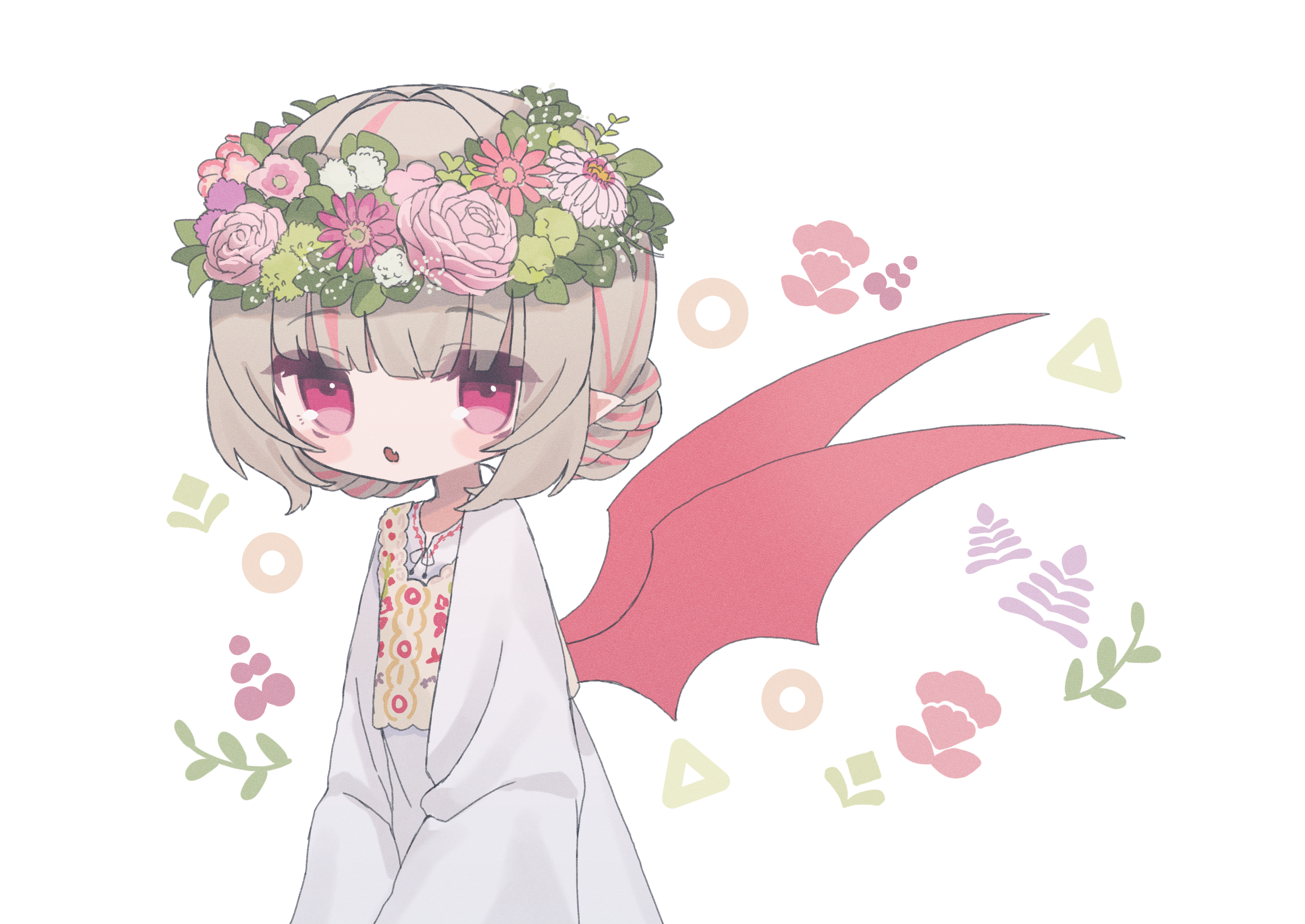 kuma kubo3, makaino ririmu, nijisanji, absurdres, highres, 1girl, :o, blunt bangs, blush stickers, braid, braided bun, colored inner hair, demon wings, double bun, dress, fang, flower wreath, from side, grey hair, hair bun, head wreath, long sleeves, looking at viewer, multicolored hair, official alternate costume, official alternate hairstyle, parted lips, pink hair, pointy ears, red eyes, red wings, sidelocks, simple background, skin fang, solo, streaked hair, upper body, very low bun, virtual youtuber, white background, white dress, wings