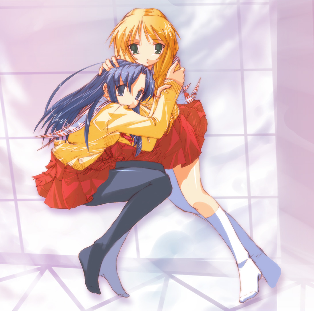 kawana misaki, satomura akane, one – kagayaku kisetsu e, 00s, 2girls, hug, multiple girls, pantyhose, school uniform, serafuku, yuri
