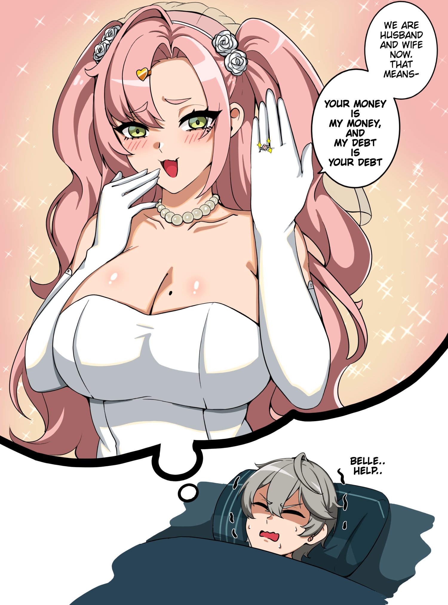 lion space, nicole demara, wise (zenless zone zero), zenless zone zero, highres, 1boy, 1girl, bare shoulders, blush, breasts, detached sleeves, dreaming, dress, elbow gloves, gloves, green eyes, grey hair, jewelry, long hair, looking at viewer, mole, mole on breast, necklace, on bed, open mouth, pearl necklace, pillow, pink hair, ring, short hair, sleeping, speech bubble, twintails, wedding dress, wedding ring, white dress