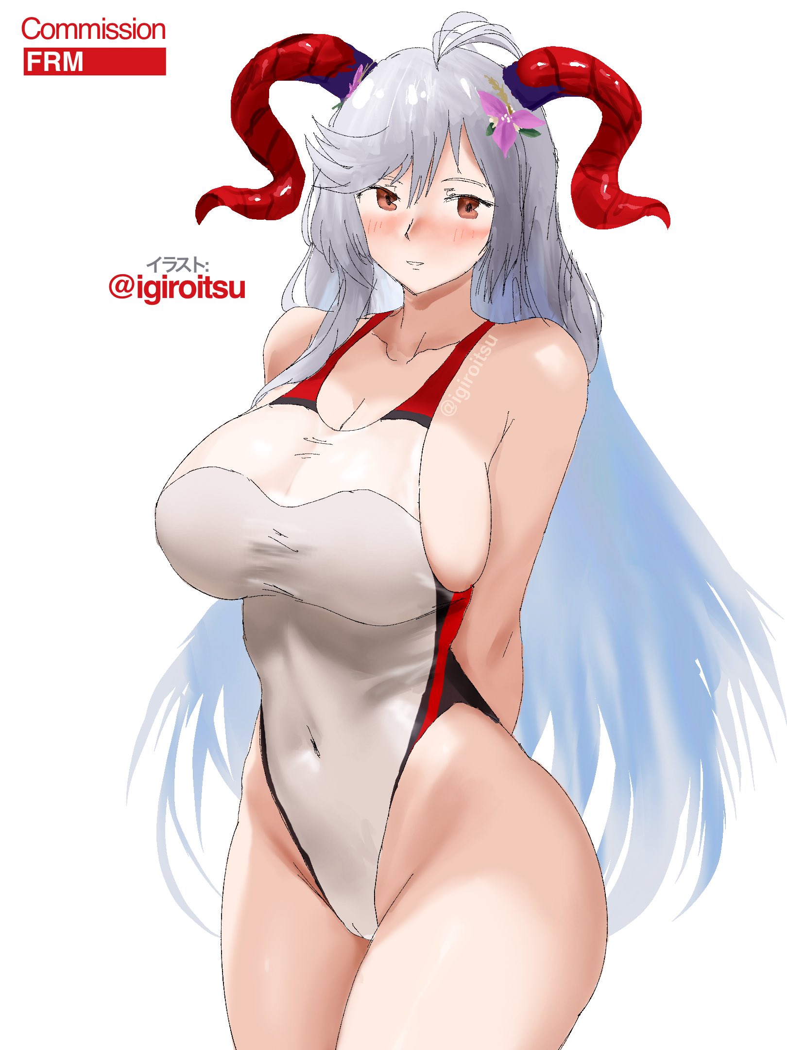 igiroitsu, freyja (fire emblem), highres, 1girl, arms behind back, bikini, blue hair, blush, breasts, cameltoe, curled horns, goat horns, grey hair, horns, large breasts, long hair, looking at viewer, multicolored hair, one-piece swimsuit, red eyes, red horns, swimsuit, thick thighs, thighs, two-tone hair, white background, white bikini