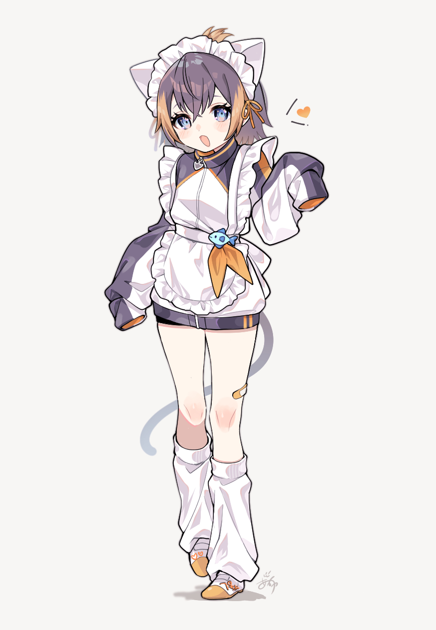 anmit27, petra gurin, nijisanji, nijisanji en, highres, 1girl, animal ear hairband, animal ears, apron, bandage on leg, black hair, blonde hair, blue eyes, cat ear hairband, cat ears, cat tail, fake animal ears, folded ponytail, hairband, heart, jersey maid, long sleeves, looking at viewer, loose socks, maid, maid apron, maid headdress, multicolored hair, neckerchief, shoes, simple background, sleeves past fingers, sleeves past wrists, socks, solo, spoken heart, streaked hair, tail, two-tone hair, unconventional maid, uwabaki, virtual youtuber, white background, white socks, yellow neckerchief