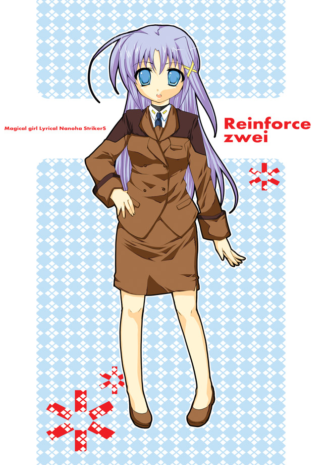 yu yu, reinforce zwei, lyrical nanoha, mahou shoujo lyrical nanoha, mahou shoujo lyrical nanoha strikers, 00s, 1girl, ahoge, blush, brown skirt, buttons, character name, copyright name, female focus, formal clothes, hair ornament, hand on own hip, long sleeves, looking at viewer, military, military uniform, pencil skirt, pillarboxed, pocket, skirt, solo, standing, suit, text focus, x hair ornament