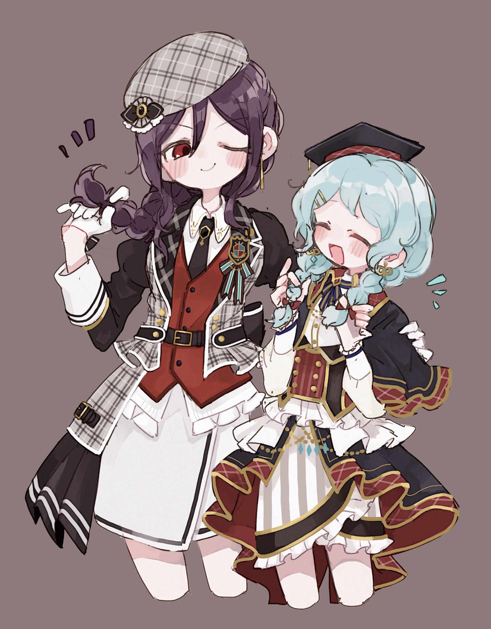 az1199, matsubara kanon, seta kaoru, bang dream!, highres, 2girls, ^ ^, beret, black capelet, black hat, black jacket, black necktie, blue hair, braid, capelet, closed eyes, earrings, gloves, grey hat, half gloves, hand on another's shoulder, hat, holding, holding own hair, jacket, jewelry, long sleeves, mortarboard, multiple girls, necktie, one eye closed, plaid clothes, purple hair, red eyes, red vest, side braid, skirt, smile, twin braids, vest, white gloves, white skirt