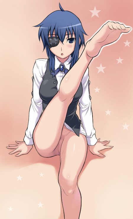 maruto!, natose, kimi ga aruji de shitsuji ga ore de, toe-point, 00s, 1girl, barefoot, blue eyes, blue hair, bottomless, eyepatch, feet, female focus, leg up, long legs, matching hair/eyes, no panties, pussy, short hair, soles, solo, toe scrunch, toes, uncensored
