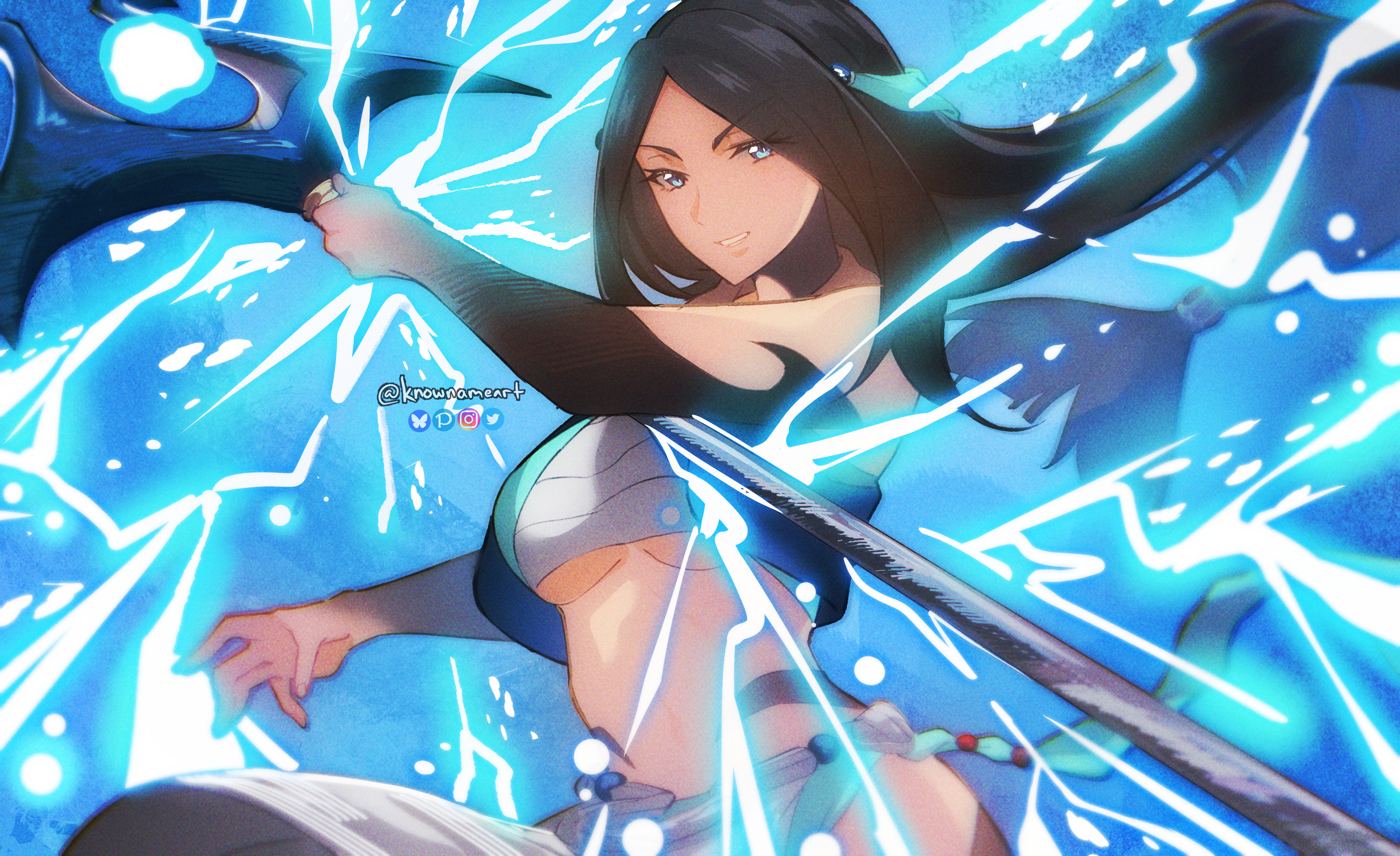 knowname, sadina (tate no yuusha no nariagari), tate no yuusha no nariagari, absurdres, bilingual commentary, highres, mixed-language commentary, 1girl, black hair, blue background, blue eyes, body markings, breasts, chest sarashi, floating hair, holding, holding polearm, holding weapon, large breasts, left-handed, long hair, looking at viewer, low-tied long hair, midriff, parted lips, polearm, sarashi, smile, solo, trident, twitter username, underboob, upper body, very long hair, weapon