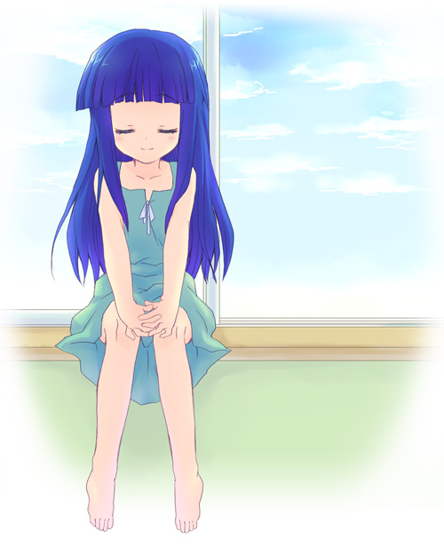 fuyuichi, furude rika, higurashi no naku koro ni, 00s, barefoot, blue hair, closed eyes, feet, long hair, sitting, smile, solo