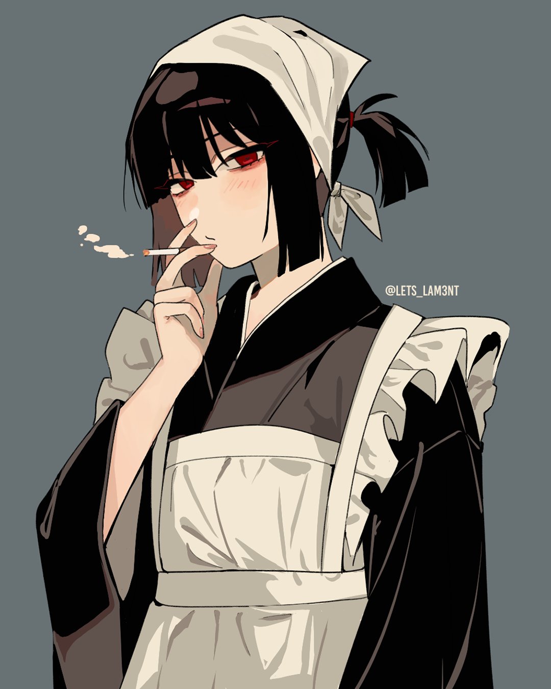 lets lam3nt, ryoshu (project moon), limbus company, project moon, highres, 1girl, apron, artist name, black hair, bob cut, cigarette, grey background, half-closed eyes, headscarf, holding, holding cigarette, light blush, looking at viewer, maid, maid apron, ponytail, puffy sleeves, red eyes, short ponytail, smoking, solo, twitter username, upper body, white apron