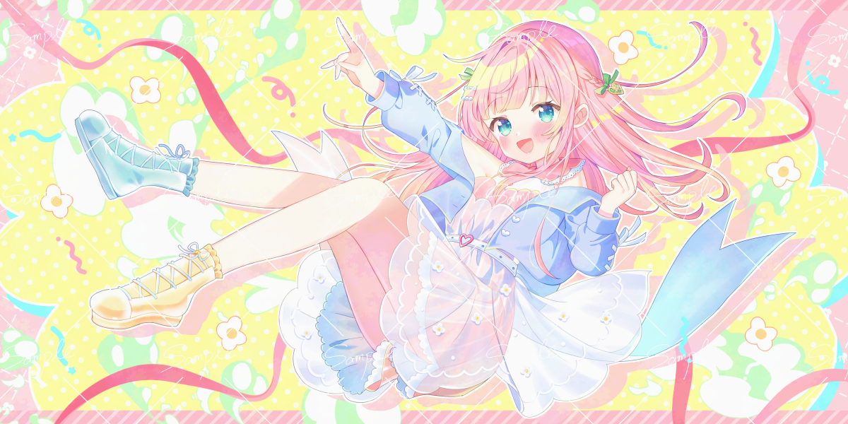 ikari (aor3507), commentary request, copyright request, official art, 1girl, :d, arm up, asymmetrical footwear, blue boots, blue eyes, blue jacket, blush, boots, bow, braid, dress, full body, green bow, hair bow, jacket, long hair, long sleeves, looking at viewer, mismatched footwear, off shoulder, open clothes, open jacket, open mouth, outstretched arm, pink dress, pink hair, puffy long sleeves, puffy sleeves, see-through clothes, smile, solo, strapless, strapless dress, yellow boots