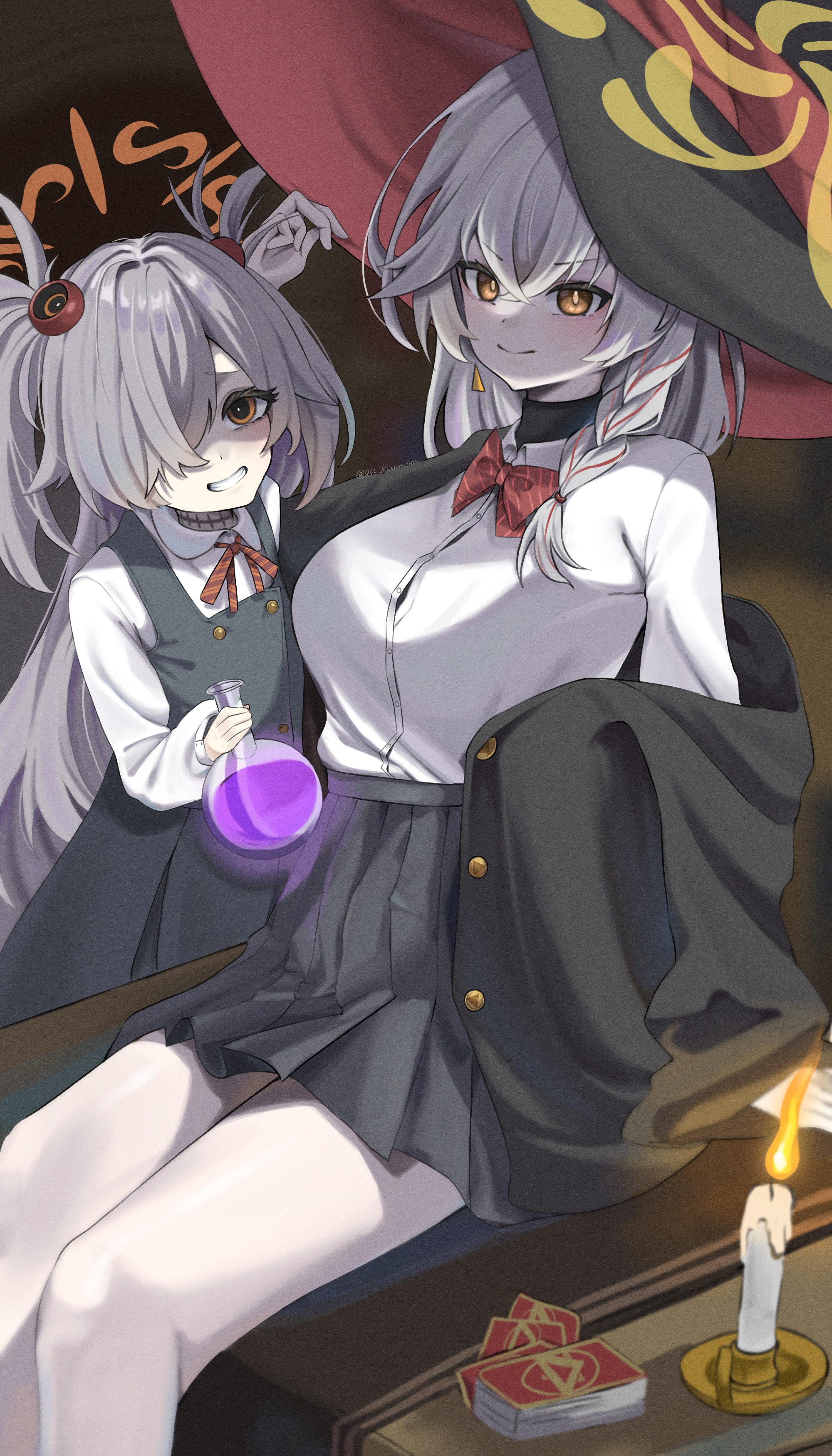 966 kururu 966, eri (blue archive), kanoe (blue archive), blue archive, absurdres, commentary request, highres, >:), 2girls, :d, black dress, black jacket, black skirt, bow, bowtie, braid, breasts, bright pupils, brown eyes, brown ribbon, buttons, candle, candlelight, closed mouth, crossed bangs, deck of cards, desk, diagonal-striped bow, diagonal-striped bowtie, diagonal-striped clothes, double-breasted, dress, dress shirt, eyelashes, feet out of frame, film grain, fire, flask, grey hair, grin, hair between eyes, hair over one eye, halo, hand up, hat, holding, holding flask, holding own hair, indoors, jacket, large breasts, long hair, long sleeves, miniskirt, multiple girls, neck ribbon, on desk, one eye covered, open clothes, open jacket, open mouth, orange halo, pinafore dress, pleated skirt, red bow, red bowtie, ribbon, round-bottom flask, scar, scar on neck, school uniform, shaded face, shirt, single braid, sitting, skirt, sleeveless, sleeveless dress, smile, smug, striped bow, striped bowtie, striped clothes, twitter username, two side up, underlighting, v-shaped eyebrows, very long hair, white shirt, witch, witch hat, yellow halo
