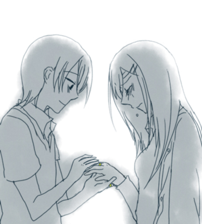 louise halevy, saji crossroad, gundam, gundam 00, lowres, 00s, 1boy, 1girl, blue theme, closed mouth, couple, from side, hair ornament, hairclip, hetero, holding hands, long hair, monochrome, profile, sad, shirt, smile, t-shirt, upper body