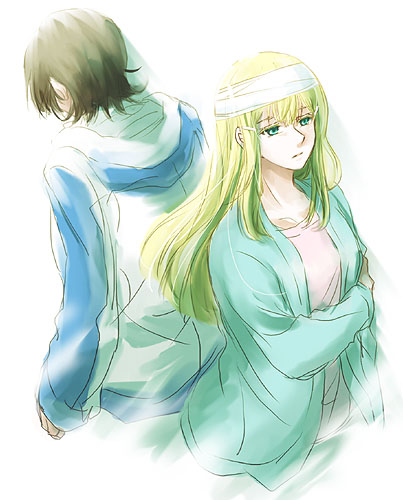 louise halevy, saji crossroad, gundam, gundam 00, lowres, 00s, 1boy, 1girl, back-to-back, blonde hair, blue eyes, blunt bangs, brown hair, expressionless, hood, hood down, hooded sweater, jacket, long hair, long sleeves, looking afar, open clothes, open jacket, simple background, sweater, upper body, white background