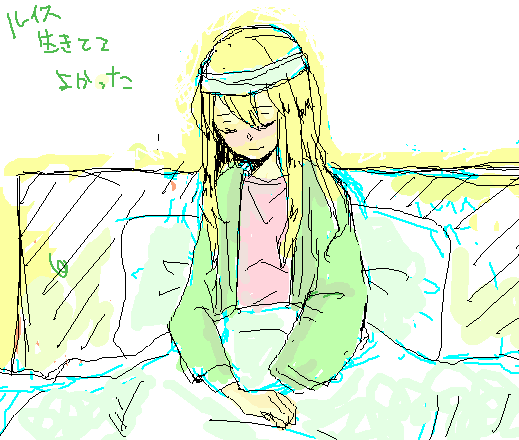 louise halevy, gundam, gundam 00, 00s, 1girl, bed, bed sheet, blanket, blush, closed eyes, closed mouth, female focus, headband, long sleeves, on bed, pillow, sitting, sleeves past wrists, smile, solo, upper body