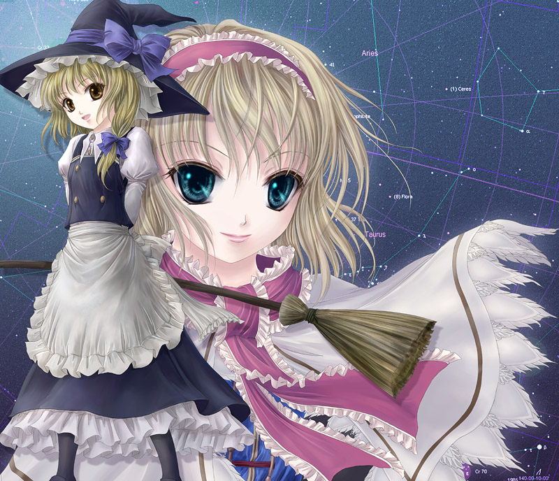 yuki shuuka, alice margatroid, kirisame marisa, touhou, 2girls, aries (constellation), blonde hair, broom, constellation, female focus, multiple girls, star (symbol), taurus (constellation)