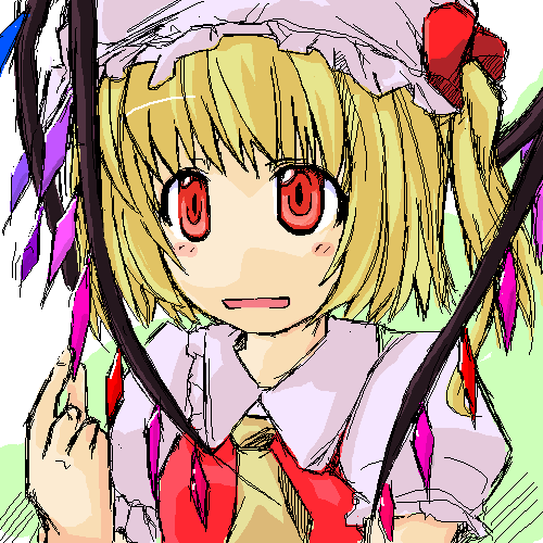 ruku (alicecreation), flandre scarlet, touhou, lowres, 1girl, blouse, collared shirt, female focus, hat, mob cap, oekaki, shirt, solo, white hat, white shirt, wings