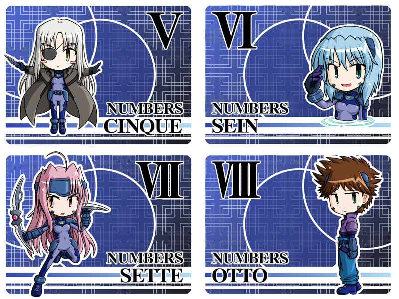 furafura, cinque (nanoha), numbers (nanoha), otto (nanoha), sein (nanoha), sette (nanoha), lyrical nanoha, mahou shoujo lyrical nanoha, mahou shoujo lyrical nanoha strikers, 00s, 4girls, blush, blush stickers, bodysuit, chibi, multiple girls, purple bodysuit, roman numeral