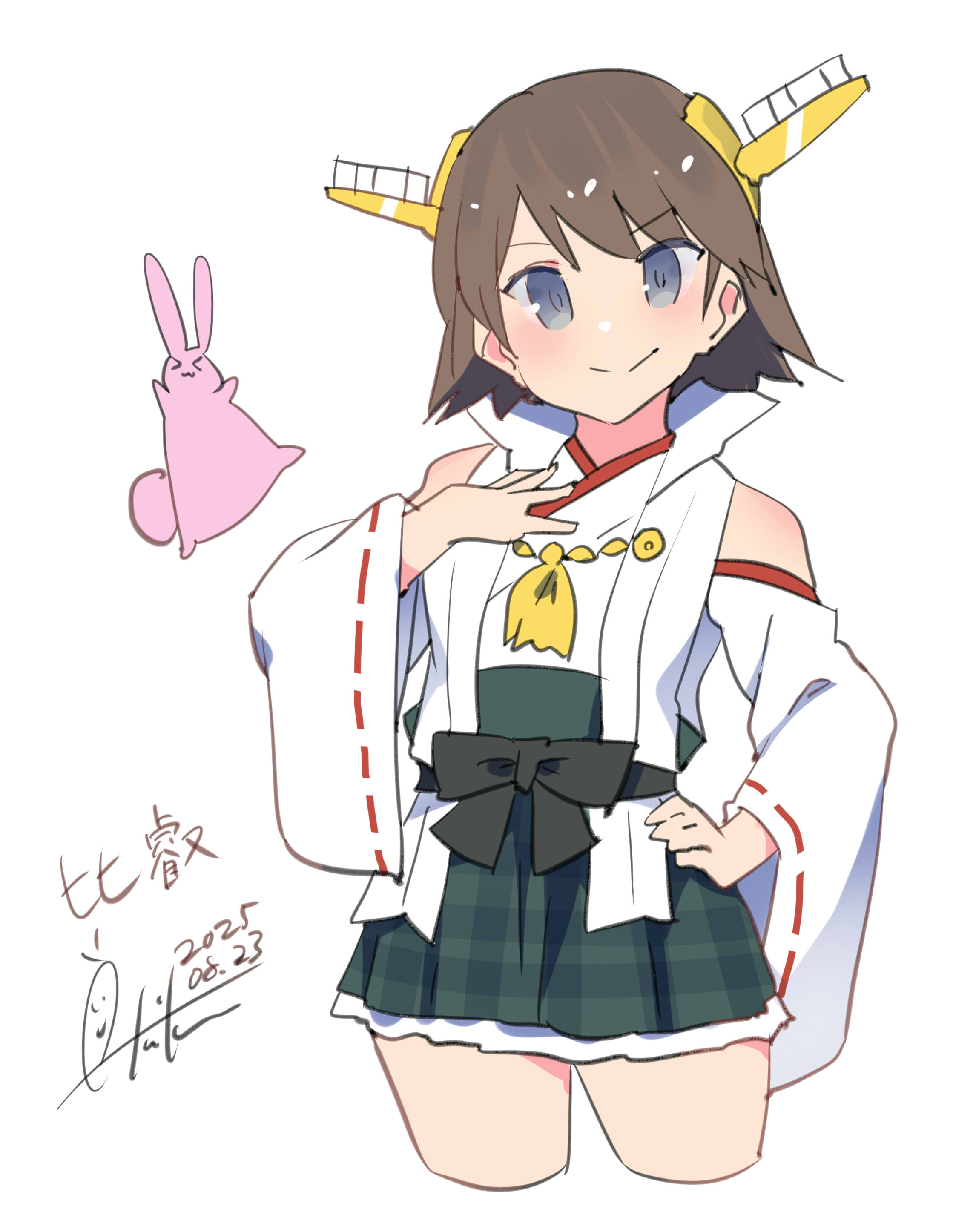 inica, hiei (kancolle), hiei kai ni (kancolle), kantai collection, absurdres, highres, 1girl, ahoge, bare shoulders, blue eyes, breasts, brown hair, dated, detached sleeves, flipped hair, glasses, green skirt, hairband, headgear, japanese clothes, nontraditional miko, plaid clothes, plaid skirt, rabbit, ribbon-trimmed sleeves, ribbon trim, short hair, signature, skirt, smile, white background