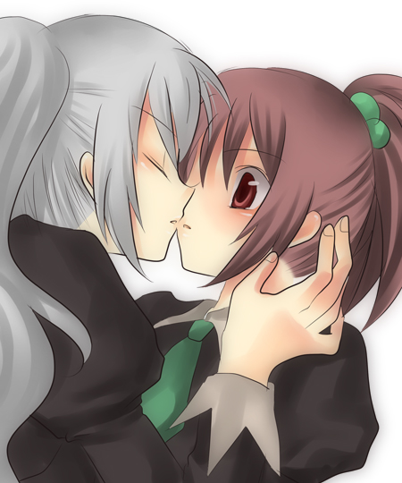 aoi nagisa, hanazono shizuma, strawberry panic!, 00s, 2girls, closed eyes, hair bobbles, hair ornament, kiss, multiple girls, yuri