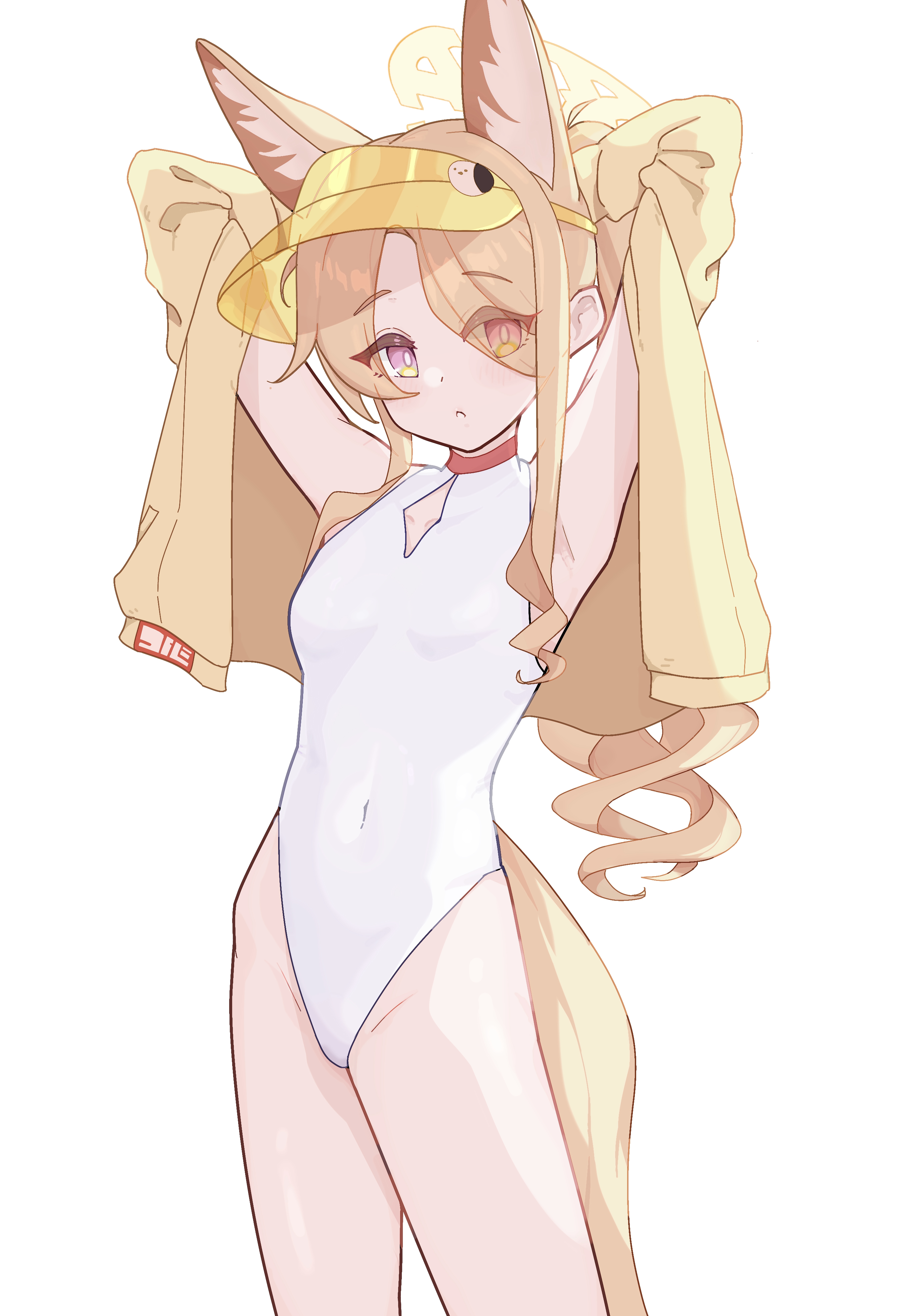 seia (blue archive), seia (swimsuit) (blue archive), blue archive, absurdres, commentary, highres, 1girl, above-cleavage cutout, animal ears, arms up, blonde hair, clothing cutout, covered navel, cowboy shot, cross halo, diamond cutout, extra ears, fox ears, fox girl, halo, highleg, highleg one-piece swimsuit, jacket, looking at viewer, matu08main26, official alternate costume, official alternate hairstyle, one-piece swimsuit, simple background, swimsuit, tail, visor cap, white background, white one-piece swimsuit, yellow eyes, yellow halo, yellow jacket, yellow visor