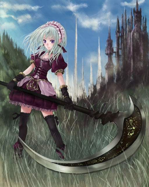 phase, original, 1girl, female focus, gloves, scythe, solo, thighhighs