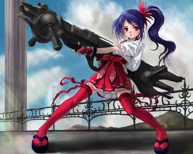 phase, original, 1girl, adapted uniform, blue hair, female focus, gloves, gun, hakama, hakama skirt, japanese clothes, miko, ponytail, red eyes, red hakama, skirt, solo, thighhighs, weapon