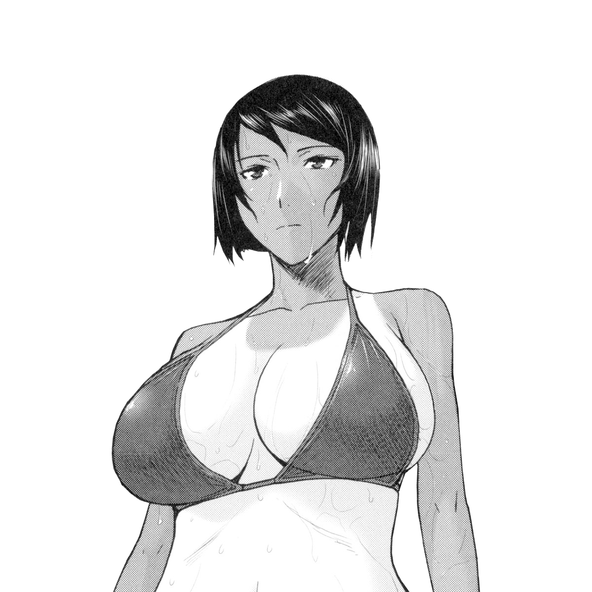 inomaru, natsu kaori (bokura no sex), bokura no sex, highres, 1girl, bikini, black hair, breasts, cleavage, covered erect nipples, half-closed eyes, large breasts, legs, monochrome, navel peek, short hair, sideboob, swimsuit, tan, tanline, thighs, wet