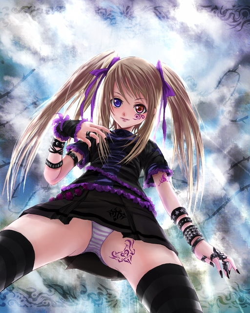 phase, original, heterochromia, panties, solo, striped clothes, striped panties, thighhighs, twintails, underwear