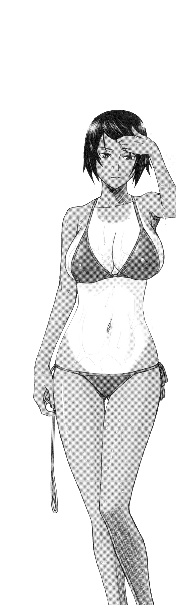 inomaru, natsu kaori (bokura no sex), bokura no sex, highres, 1girl, bikini, black hair, breasts, cleavage, covered erect nipples, half-closed eyes, large breasts, legs, looking at viewer, monochrome, navel, seductive gaze, short hair, side-tie bikini bottom, sideboob, swimsuit, tan, tanline, thighs, wet