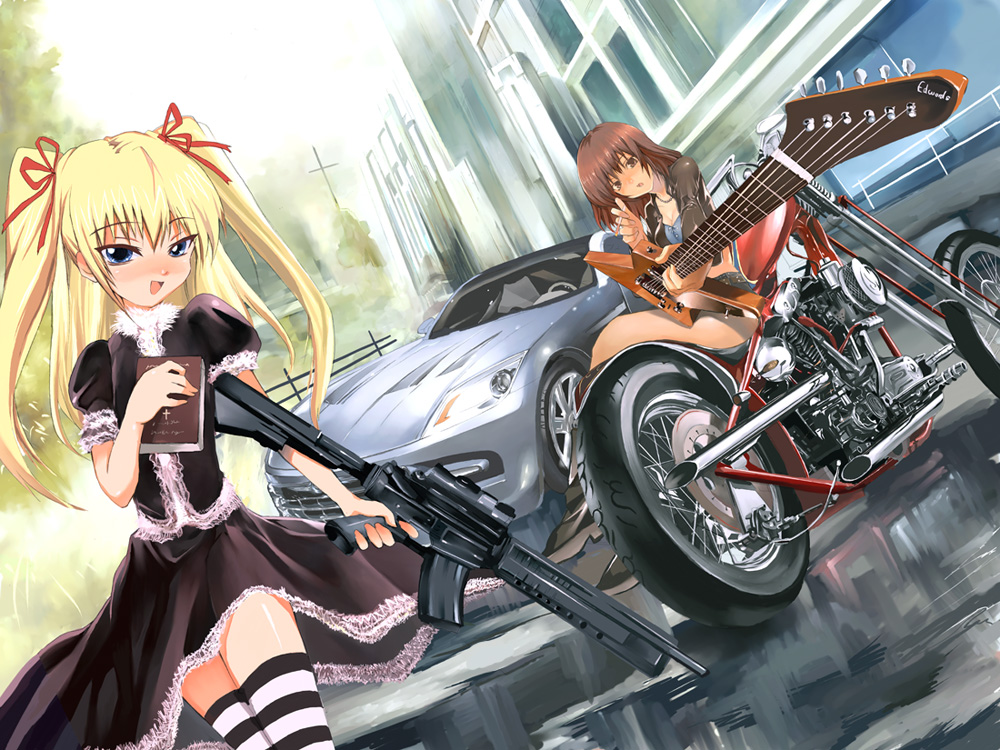 shihira tatsuya, 2girls, assault rifle, bible (object), black theme, black thighhighs, blonde hair, blush, car, cigarette, cigarette holder, electric guitar, foreshortening, goth fashion, guitar, gun, hair ribbon, holding, holding cigarette, instrument, left-hand drive, m4 carbine, motor vehicle, motorcycle, multiple girls, ribbon, rifle, striped clothes, striped thighhighs, thighhighs, twintails, weapon, white thighhighs, zettai ryouiki