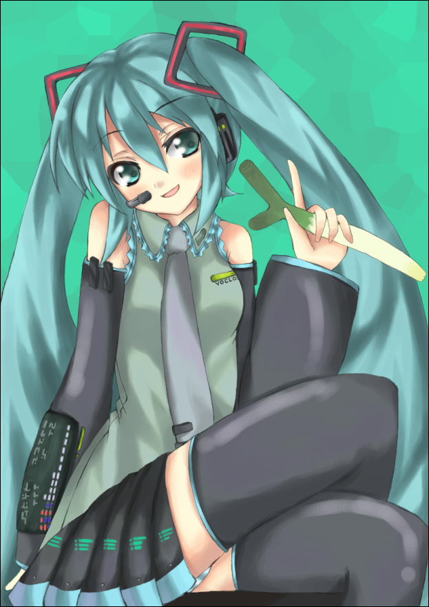 shingetsu takehito, hatsune miku, vocaloid, 1girl, aqua hair, female focus, solo, thighhighs, twintails