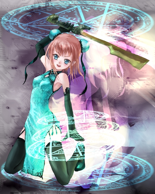 phase, original, blue eyes, bun cover, china dress, chinese clothes, double bun, dress, gloves, magic circle, solo, thighhighs