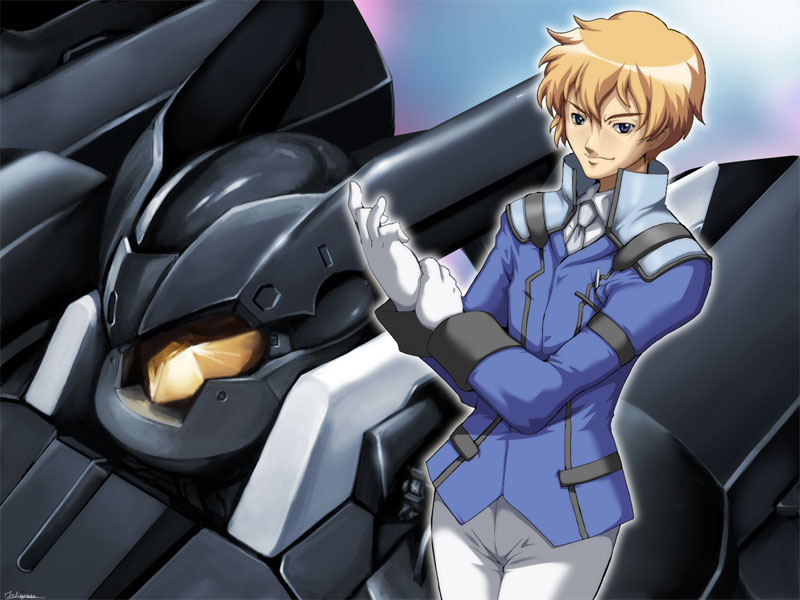 caryo, tabigarasu, graham aker, union flag, gundam, gundam 00, 00s, 1boy, armor, blonde hair, blue eyes, closed mouth, gloves, long sleeves, machinery, male focus, military, military uniform, smirk, solo, standing, white gloves