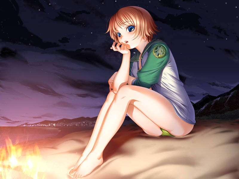 sano toshihide, misaki renka, 7 online, shichinin no online gamers, game cg, 1girl, :o, barefoot, beach, bikini, bikini under clothes, blonde hair, blue eyes, blush, bonfire, campfire, cityscape, cloud, female focus, fire, head rest, jacket, legs, night, night sky, no pants, open clothes, open jacket, open mouth, orange hair, outdoors, panties, raglan sleeves, short hair, sitting, sky, sleeves pushed up, solo, star (symbol), surprised, swimsuit, swimsuit under clothes, underwear, water, yellow panties