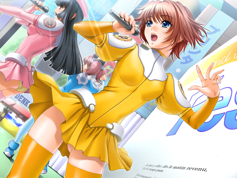 sano toshihide, misaki renka, 7 online, shichinin no online gamers, uniform, game cg, 3girls, ass, belt, beret, black hair, blue eyes, blue thighhighs, blunt bangs, brown hair, dancing, dress, dutch angle, fingernails, flat chest, hat, hime cut, idol, light rays, lipstick, long fingernails, long hair, makeup, microphone, multiple girls, music, nail (hardware), open mouth, orange thighhighs, outdoors, panties, pantyshot, pink hair, pink thighhighs, red hair, short dress, short hair, short twintails, singing, standing, sunbeam, sunlight, thighhighs, turtleneck, twintails, underwear, upskirt, yellow panties, zettai ryouiki