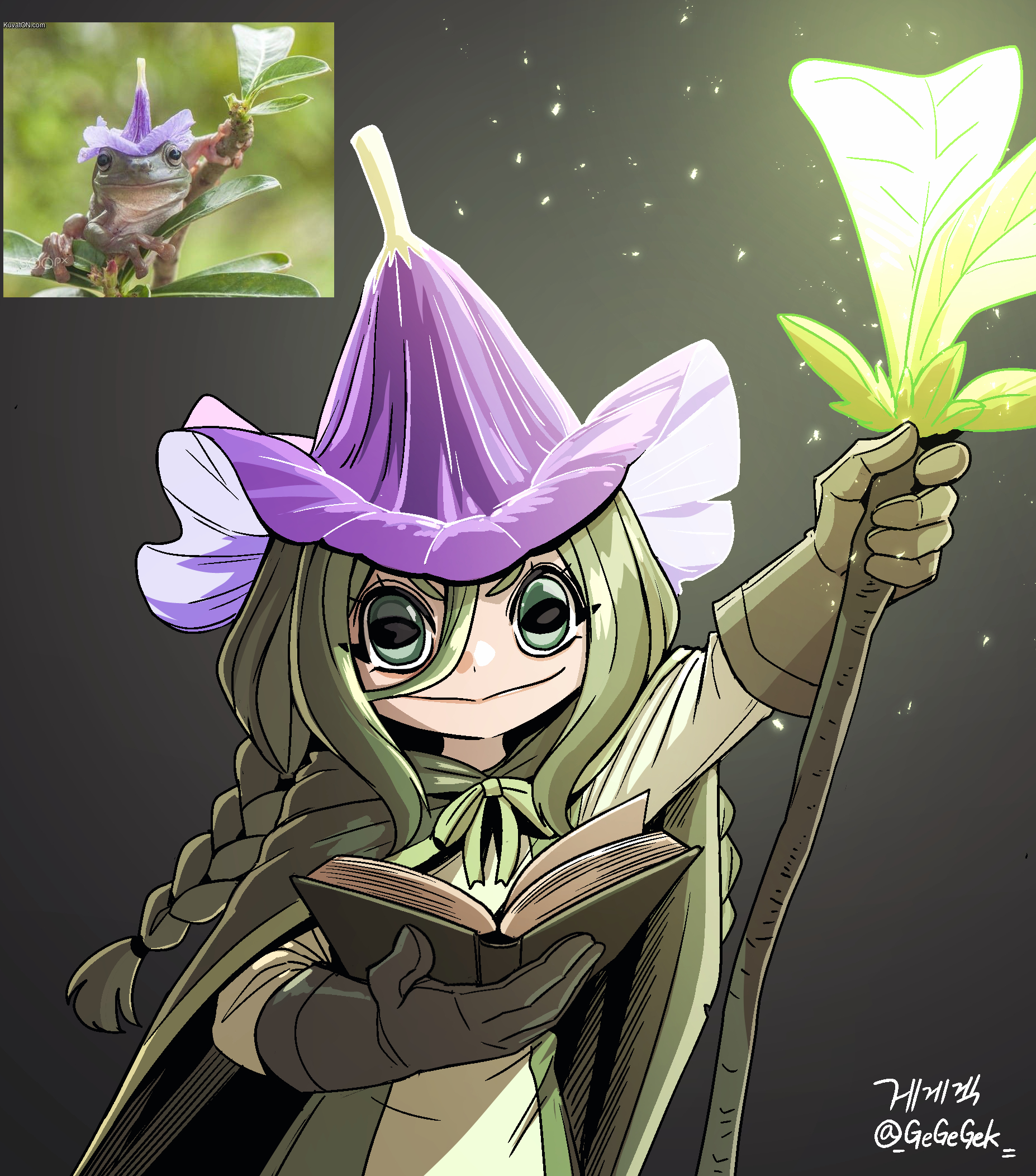 gegegekman, original, highres, book, braid, cape, dress, flower hat, frog girl, gloves, glowing, green cape, green eyes, horizontal pupils, leaf, light particles, long hair, photo inset, staff, twin braids, witch