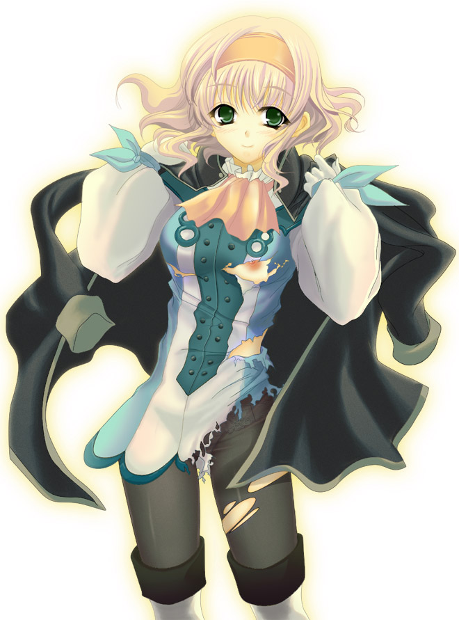 hozumi (8/1), natalia luzu kimlasca lanvaldear, namco, tales of (series), tales of the abyss, torn legwear, 00s, 1girl, ascot, black pantyhose, blonde hair, blush, breasts, coat, collar, female focus, gloves, green eyes, hairband, lingerie, nipple slip, nipples, orange ascot, panties, panties under pantyhose, pantyhose, short hair, smile, solo, thighhighs, torn clothes, underwear, white gloves