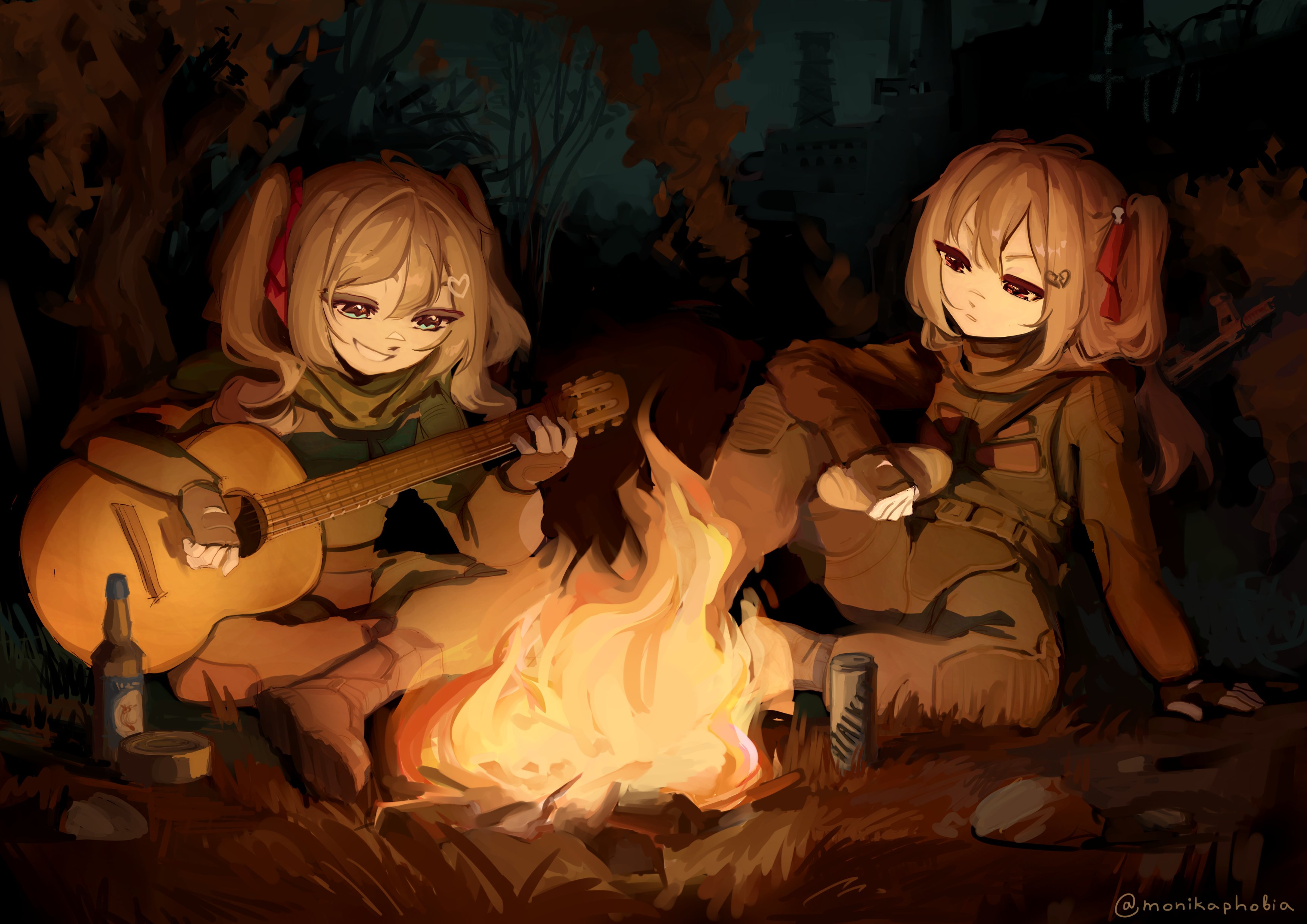 keshink, evil neuro-sama, neuro-sama, stalker (game), absurdres, commentary, commission, english commentary, highres, 2girls, blue eyes, boots, bottle, bread, broken heart, broken heart hair ornament, brown hair, building, campfire, can, closed mouth, drink can, eyelashes, fingerless gloves, fire, food, gloves, grass, guitar, hair ornament, hair ribbon, hand on ground, heart, heart hair ornament, holding, holding food, holding guitar, holding instrument, instrument, long hair, long sleeves, multiple girls, music, night, outdoors, pants, playing guitar, playing instrument, red eyes, red ribbon, ribbon, shirt, siblings, sisters, sitting, smile, tree, twins, twintails, twitter username, vedal ai, virtual youtuber, weapon