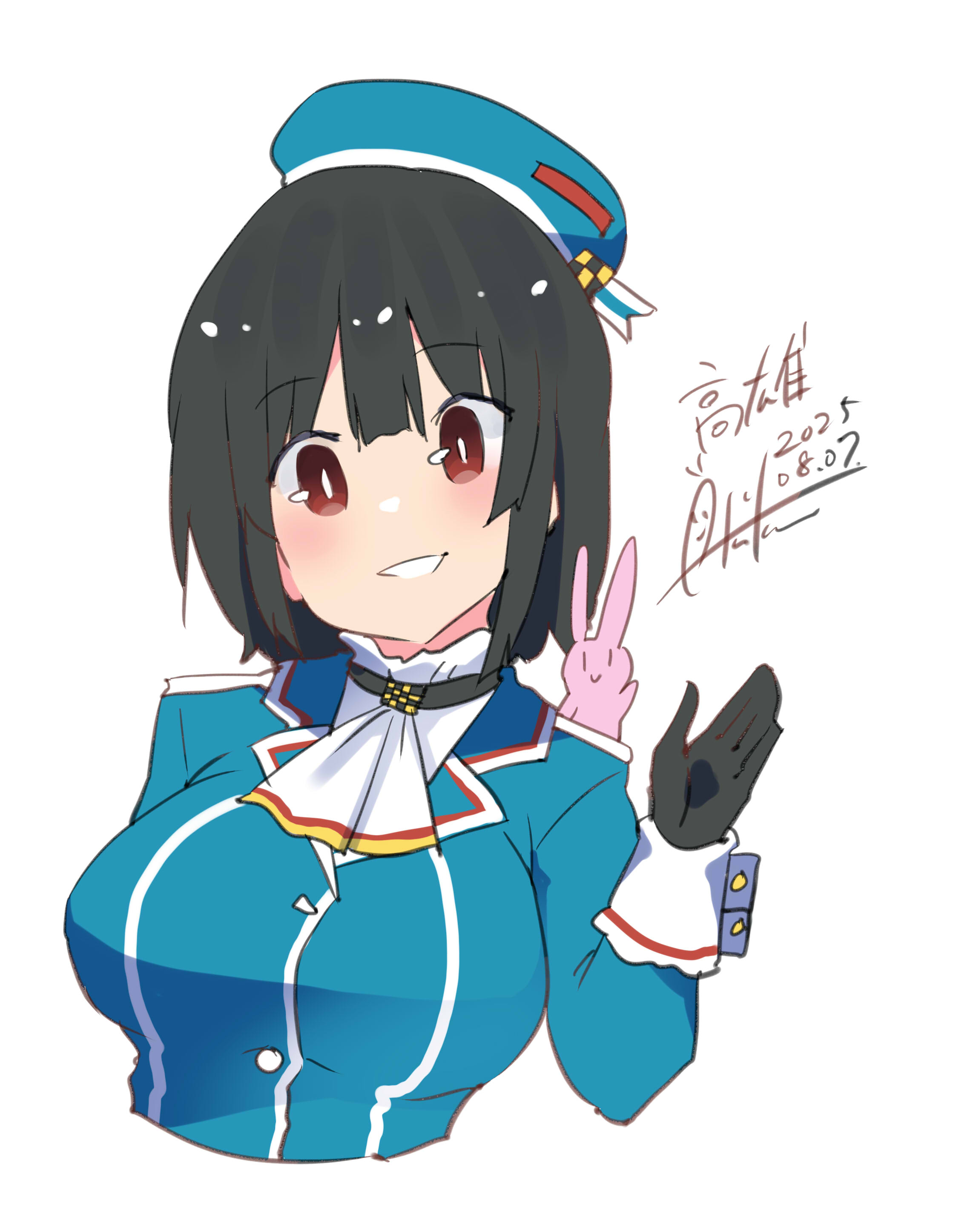 inica, takao (kancolle), kantai collection, absurdres, highres, 1girl, ascot, beret, black gloves, black hair, blue hat, blush, breasts, dated, gloves, hat, large breasts, looking at viewer, military, military uniform, rabbit on shoulder, red eyes, short hair, signature, smile, solo, white background