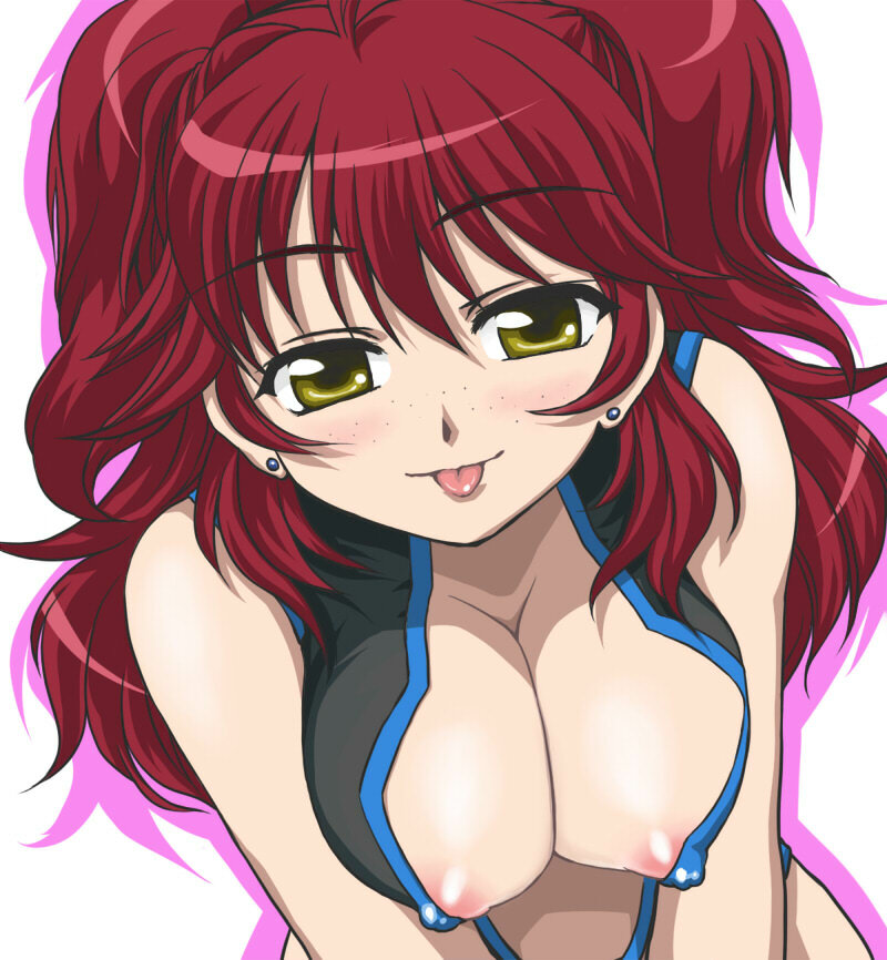 nanamo, nanamo (002a), nena trinity, gundam, gundam 00, 00s, 1girl, areola slip, breast clinging, breasts, breasts squeezed together, cleavage, covered erect nipples, female focus, framed breasts, freckles, large breasts, nipple slip, nipples, red hair, solo, tongue, two side up, yellow eyes